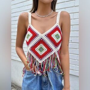 New In Cropped Crochet Knit Granny Square Crop Top Fringe Size Small Medium NWT